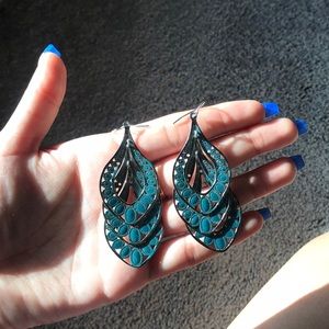 Teal long leaf earrings!!